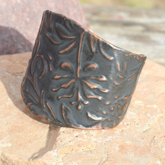 Floral Repoussé Solid Copper Wide Cuff Bracelet Embossed Handmade Bohemian Boho - Picture 5 of 8